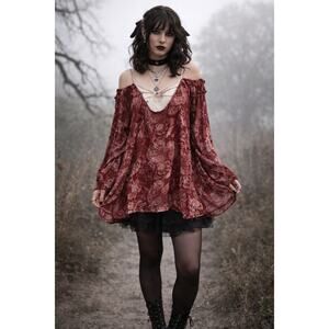 Chasor Whimsygoth Boho Paisley Velvet Silk Strappy Cold Shoulder Tunic Dress XS